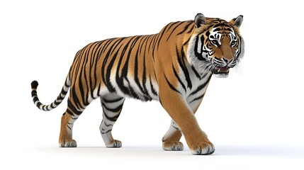 Obraz premium Majestic 3D Tiger Striding on White Background - Full-Body Shot of Powerful Wild Animal in Motion