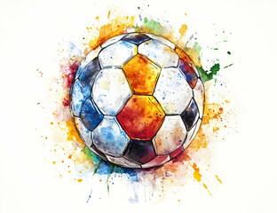 Fototapeta premium A vibrant watercolor illustration of a soccer ball, showcasing dynamic colors and splashes that embody the spirit of the game.