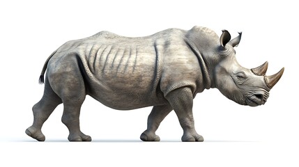 Fototapeta premium Majestic 3D Render of Rhinoceros Striding Gracefully on White Background - Full-body Shot