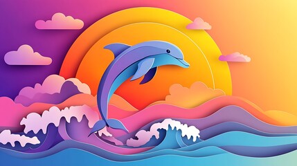 Fototapeta premium Vibrant Paper Cut Style Dolphin Jumping on Waves Vector Illustration with Sunset Background