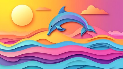 Fototapeta premium Vibrant Dolphin Jumping on Colorful Waves - Abstract Paper Cut Style Vector Illustration at Sunset