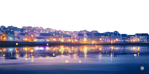 Fototapeta premium Lights shimmer on calm dusk waters, cut out - stock png.