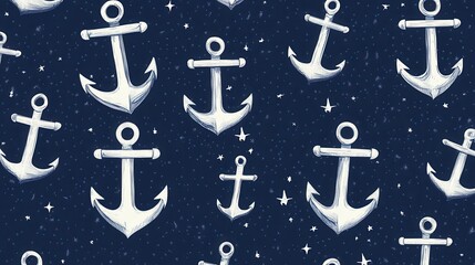 A pattern featuring various white anchors on a dark blue background with stars.