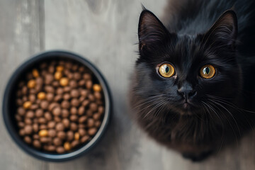 A cat next to cat food, ideal for advertising cat food products. The image is perfect for showcasing nutrition and care for cats.