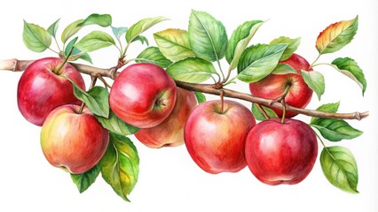 Obraz premium Watercolour of apples on a branch with leaves , apples, branch, leaves, watercolor, painting, fruit, botanical, colorful