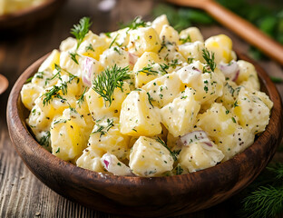 Delicious potato salad served in a rustic wooden bowl, garnished with fresh herbs and ready to delight at any gathering.