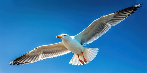 Fototapeta premium Seagull soaring gracefully in a clear blue sky , bird, seagull, flying, wings, freedom, wildlife, nature, isolated, motion, sky