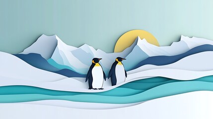 Bright and Playful Paper Cut-Style Vector Illustration of Colorful Penguins on Icy Shores with Chilly Background