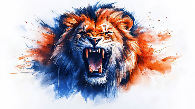 A watercolor painting of a roaring lion with orange and blue splashes around it. Generated by AI.