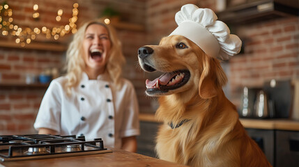 Cheerful Female Chef and Golden Retriever in Chef's Hat in Kitchen Setting