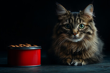 A cat next to cat food, ideal for advertising cat food products. The image is perfect for showcasing nutrition and care for cats.