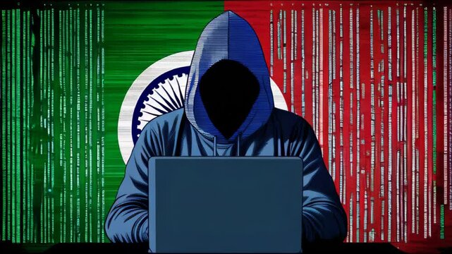 Hacker against abstract Ashoka Chakra on background. attacking internet Hacking malware concept. Hacker abstract laptop binary code digital interface