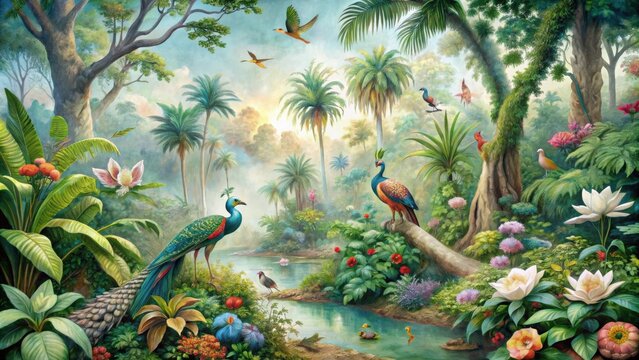 Vintage wallpaper of tropical rainforest with peacocks and tree frogs in pastel colors