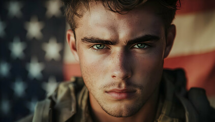 Obraz premium Intense portrait of a young soldier against an American flag backdrop, highlighting strength and determination.