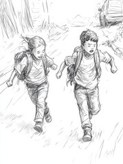 Sketch of the siblings going down the street, Generative AI
