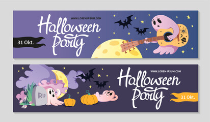 Fototapeta premium Happy Halloween horizontal banners set. Party invitation background. Ghost with guitar, cute poltergeists in cemetery. Spooky elements, bats, moon. Halloween party lettering. Vector flat illustration.