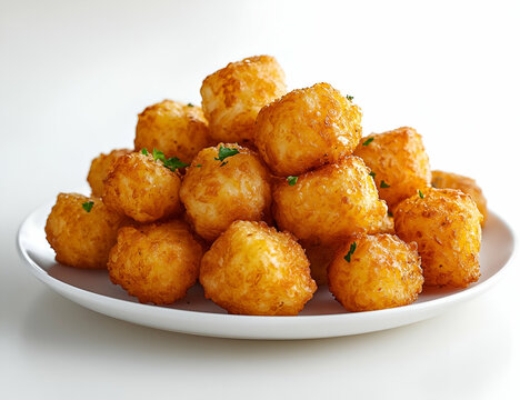 Golden brown potato tots stacked on a white plate, garnished with herbs. Perfect for appetizers or side dishes.