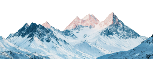 Snow-covered mountain peaks in bright daylight, cut out - stock png.