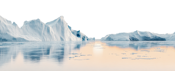 Icebergs at dawn in calm waters, cut out - stock png.