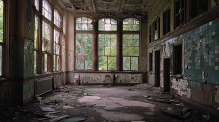 Fototapeta premium Abandoned Room with Large Windows and Peeling Tile