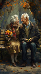 Elderly couple sitting on park bench, woman holding flowers, smiling warmly at each other