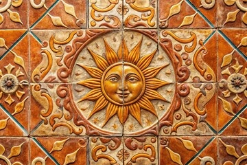 Obraz premium Sun-baked terracotta tiles evoke old-world charm with warm earthy tones and intricate patterns, hinting at Mediterranean influences and weathered textures.