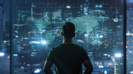 Man analyzing digital world map