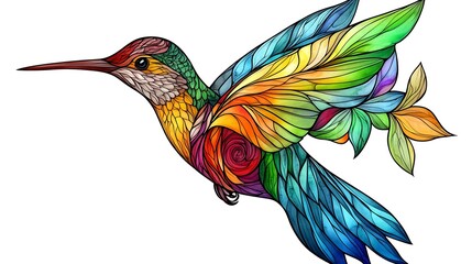 Fototapeta premium Ethereal Hummingbird Stained Glass Window Design on White Background - Hand-drawn Watercolor Style with Vibrant Colors and Leaf Wings Detail.