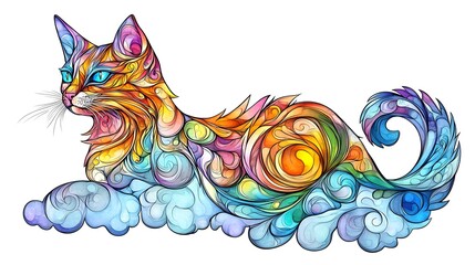 Fototapeta premium Whimsical Stained Glass Cat Design with Cloud Fur - Hand-drawn Watercolor Style on White Background