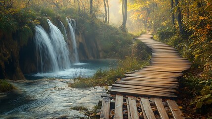 Fototapeta premium A wooden walkway beside a turquoise lake with a waterfall, surrounded by lush green trees and sunlight.