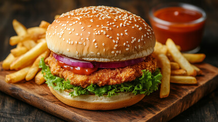 Close up of a chicken burger with French fries and ketchup on a wooden table, food photography