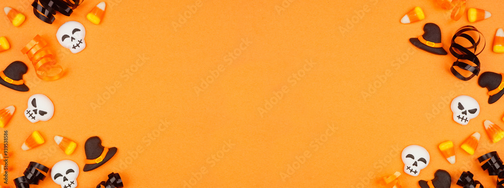 Poster halloween double border of black, white and orange color candy and ribbon. overhead view on an orang