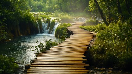 Obraz premium A wooden walkway beside a turquoise lake with a waterfall, surrounded by lush green trees and sunlight.