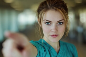 Fototapeta premium Nurse Hiring. Happy Female Doctor Pointing at You in Hospital Meeting
