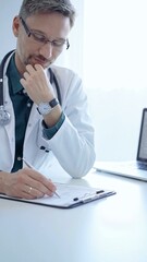 Obraz premium Doctor and a patient. The physician, wearing a white medical coat over a green shirt, gesturing with his hands during a consultation in the clinic. Medicine concept