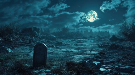 Fototapeta premium A Single Tombstone in a Moonlit Graveyard