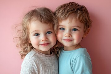 Cute little brothers standing on yellow background, Generative AI