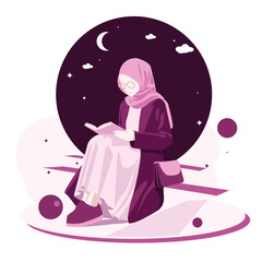 Cute muslimah girl reading book and pray while sitting out door at night side view modern noface design style vector illustration