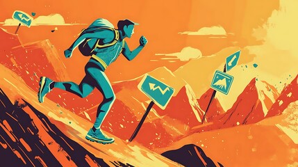 Mountain Runner in Bright Green and Blue Suit - Flat Vector Illustration on Rugged Orange Background with Trail Signs.