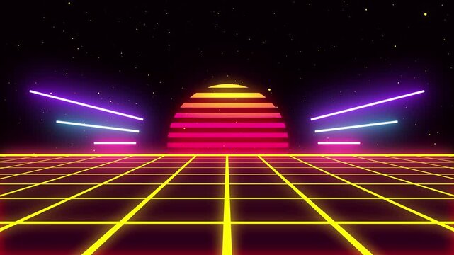 Abstract retro wave cyber style 80s-90s futuristic technology grid wireframe backdrop. Digital landscape neon dance style retro party laser pattern background.