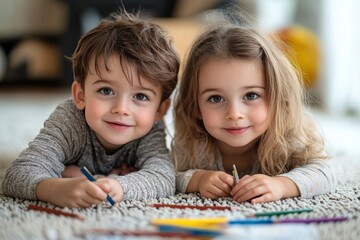 Fototapeta premium adorable siblings playing on a floor with colored pencils, Generative AI