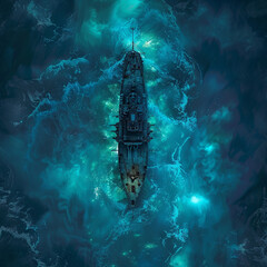 Aerial view of a ship navigating through vibrant teal and blue waters, surrounded by waves. Artistic depiction of maritime adventure.