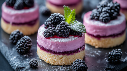 Tasty mini cakes with blackberry cream and fresh berries on a dark background, close up view