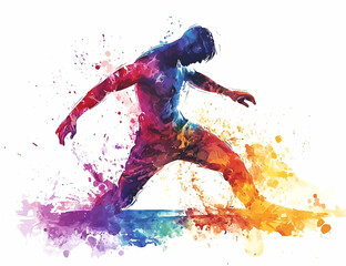 An artistic splash of vibrant colors illustrating a dynamic figure in motion, embodying energy and creativity.