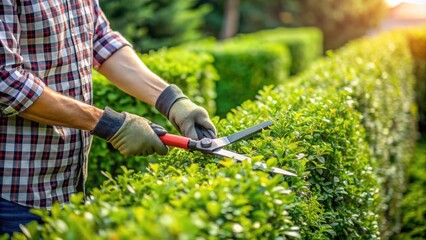 Obraz premium Trimming hedges with garden shears, Hedge, Cutting, Gardening, Shears, Maintenance, Neat, Pruning, Tools, Greenery