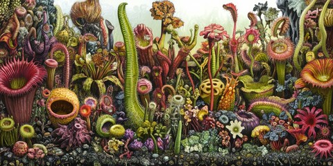 A vibrant, intricate garden of exotic plants.