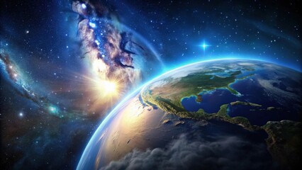 Obraz premium Panoramic view of Earth on the edge of a distant galaxy, Earth, distant galaxy, universe, space, panorama, stars