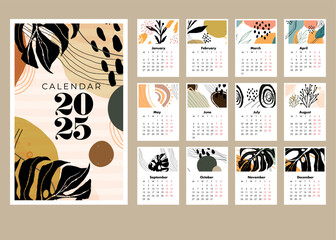 Calendar 2025 template, abstract flowers design 