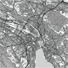 Map of Zurich in Switzerland in grayscale. Contains layered vector with roads water, parks, etc.