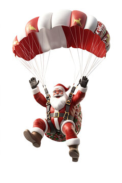 Santa Claus parachuting with a sack of gifts